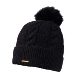 Black knit beanie with a pom-pom on a white background
